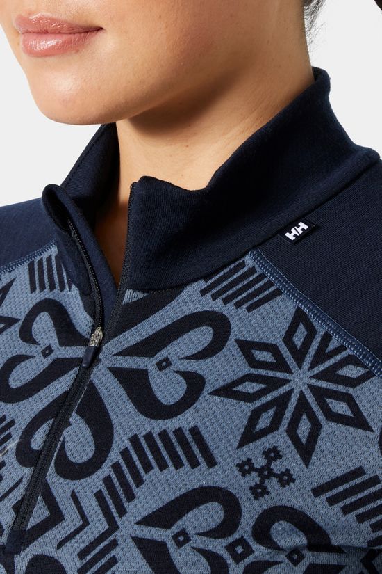 Helly Hansen Womens Lifa Merino Midweight Graphic Half Zip Base Layer Top Navy Nordic Rose Aop