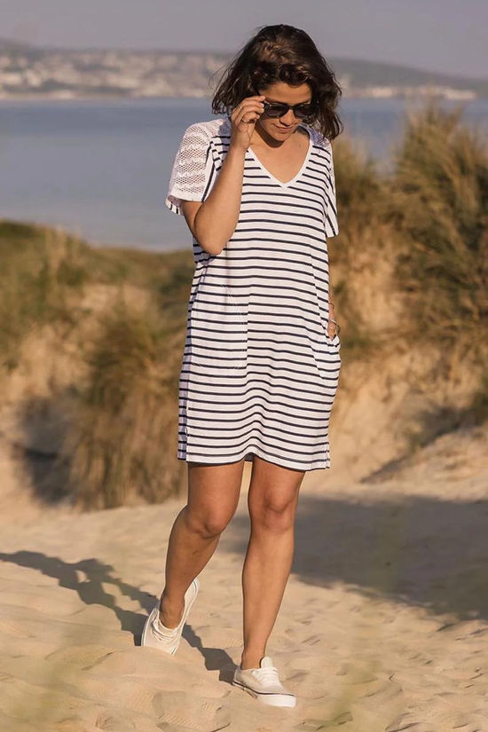 Passenger Womens Olive Oversized Recycled Cotton T-Shirt Dress Navy Stripe