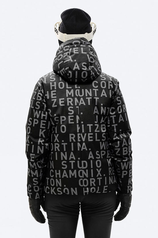 The Mountain Studio Womens D-5 Pertex Reversible Tecno Down Jacket Black Onyx-Black Onyx Resort Print